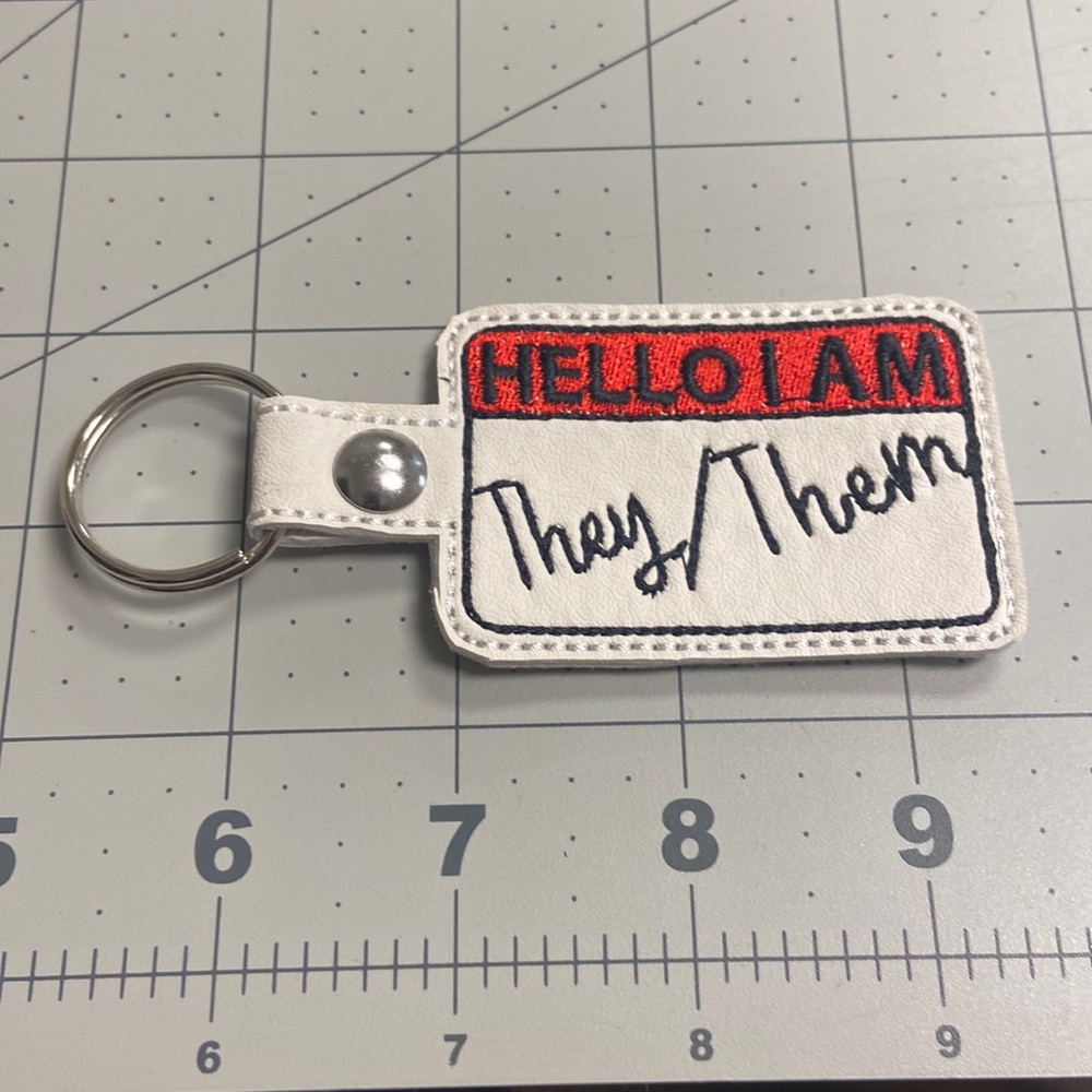 Handmade Embroidered Vinyl They/Them Key Fob